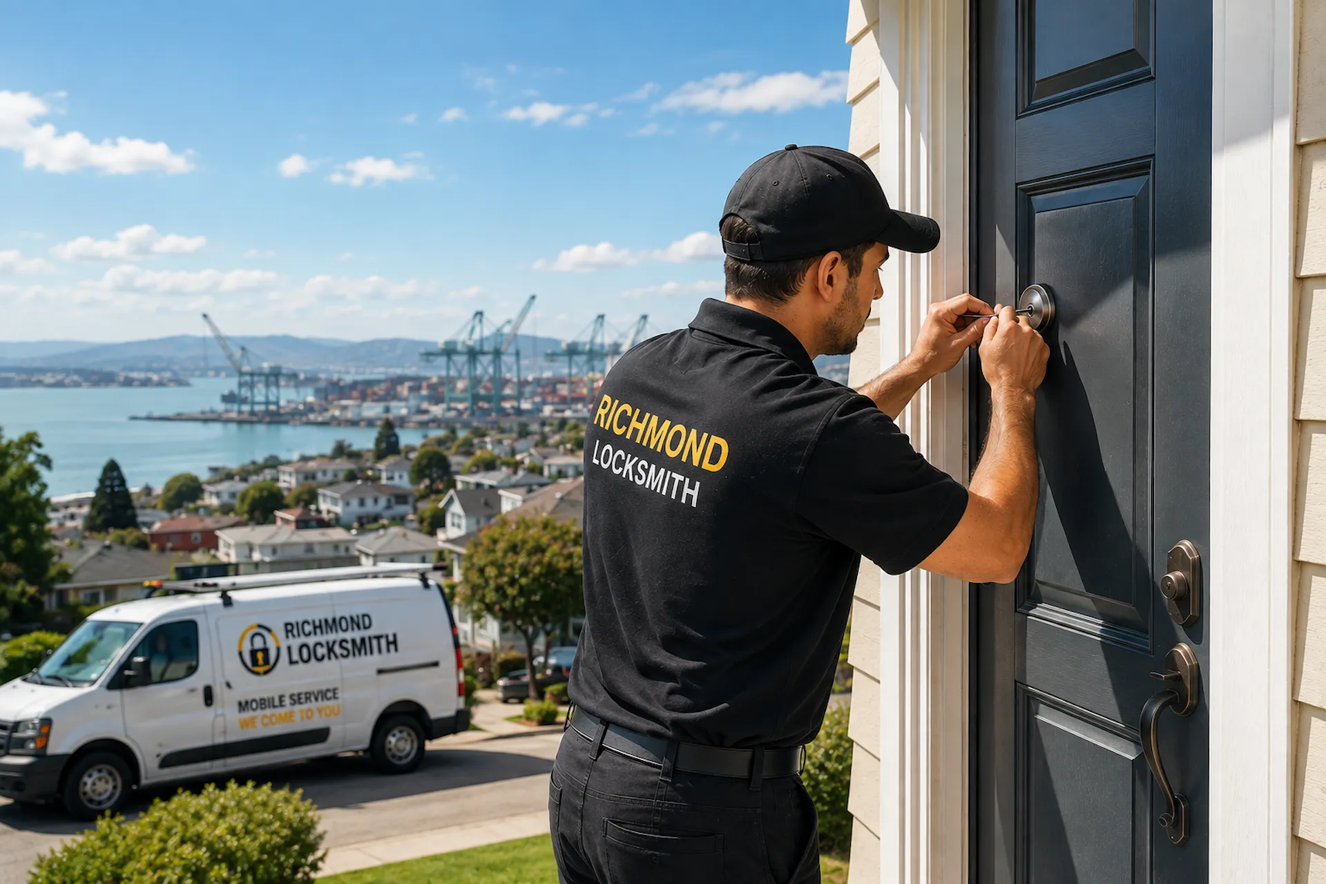 Locksmith working on a door lock in Richmond CA