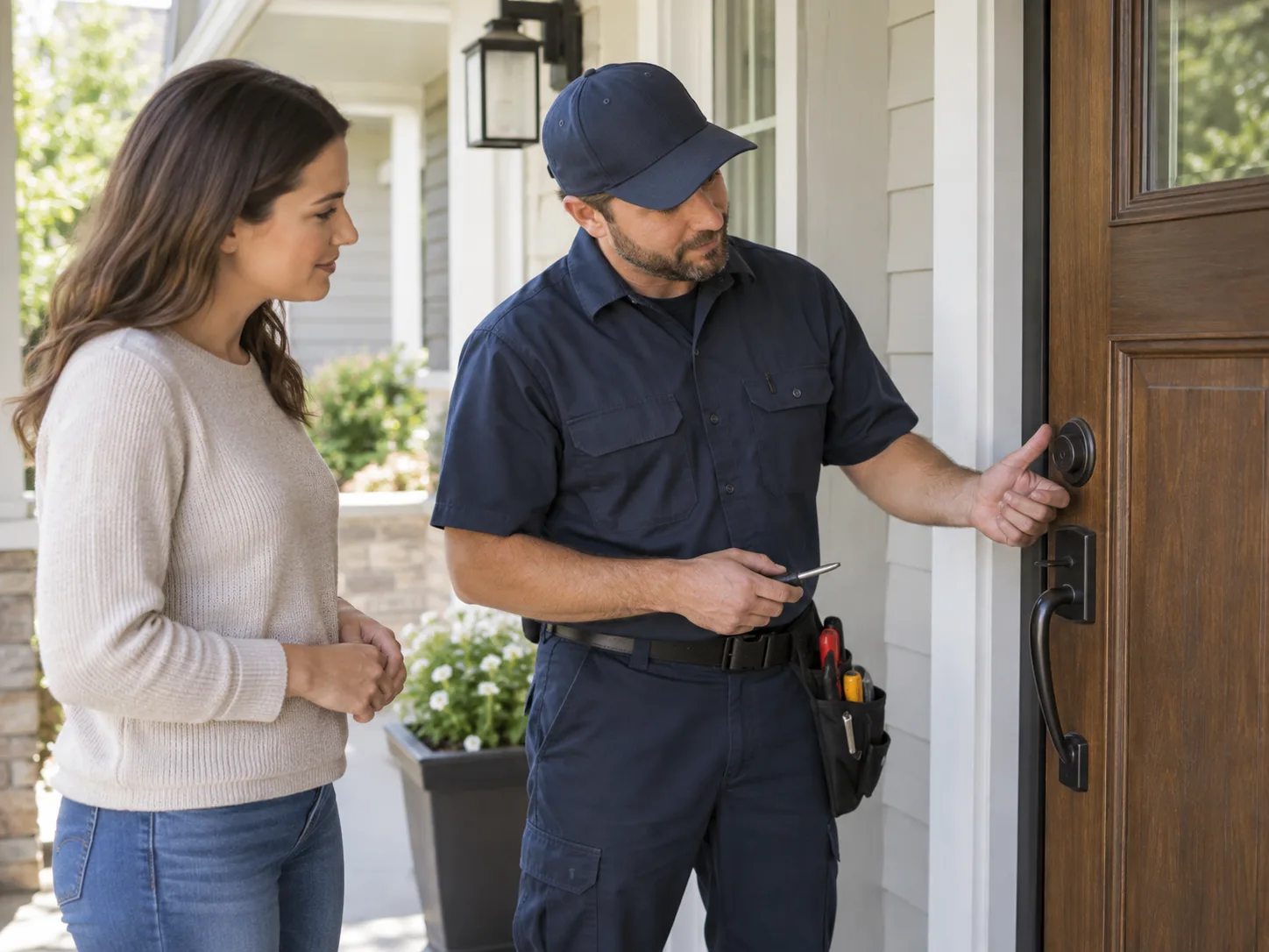 Residential locksmith with a customer at a home door in Richmond CA